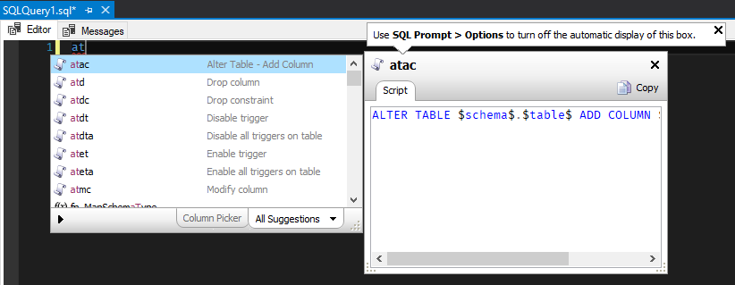 SQL Prompt - Alter Table Blank